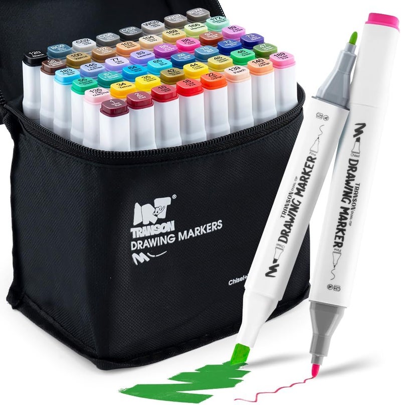 TRANSON Alcohol Markers for Drawing Coloring 48 Colors Dual-tip Fine and Chisel Tips - Image 1